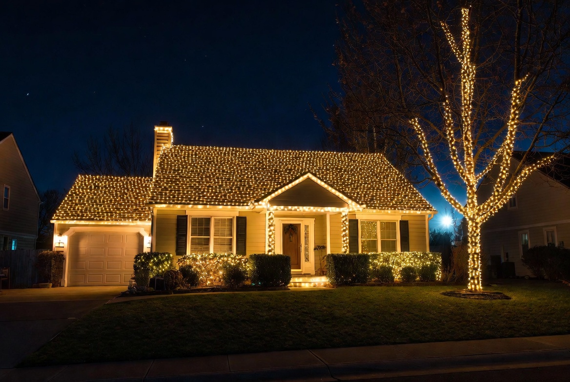 Single story ranch home fully outlined with bright warm white Christmas lights on roof and wrapped tree